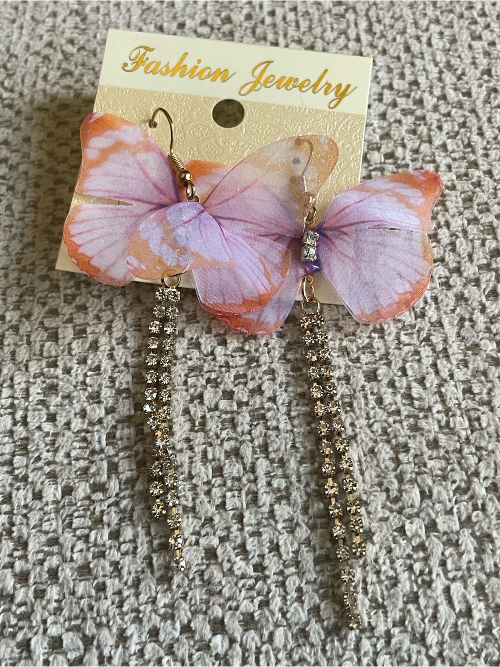 Fashion Jewelry Pink and Orange Butterfly Drop Earrings with Rhinestone Chains